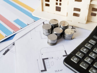 graph-stack-coins-calculator-house-model-blueprint